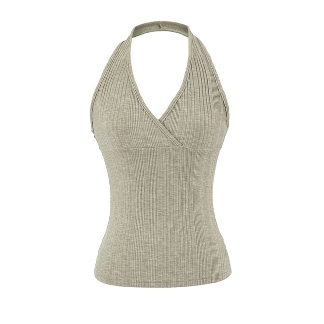 Ribbed Halter V-Neck Plain Top