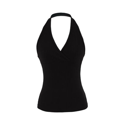 Ribbed Halter V-Neck Plain Top