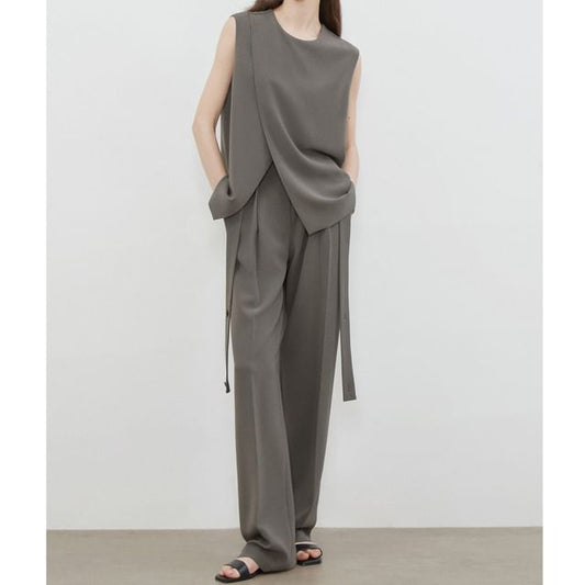 Asymmetric Sleeveless Top / High-Waisted Straight Pants