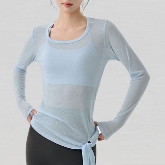 Plain Asymmetric Tie-Up Round Neck Long-Sleeved Tee
