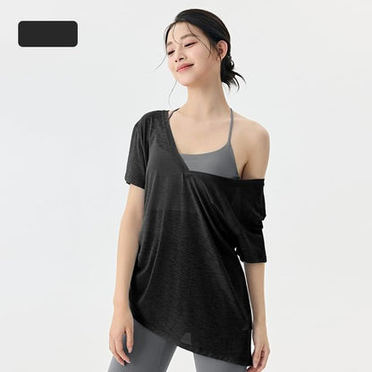 Plain V-Neck Drawstring Short-Sleeved Tee