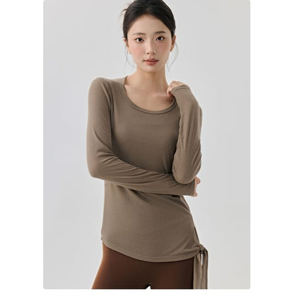 Plain Asymmetric Tie-Up Round Neck Long-Sleeved Tee