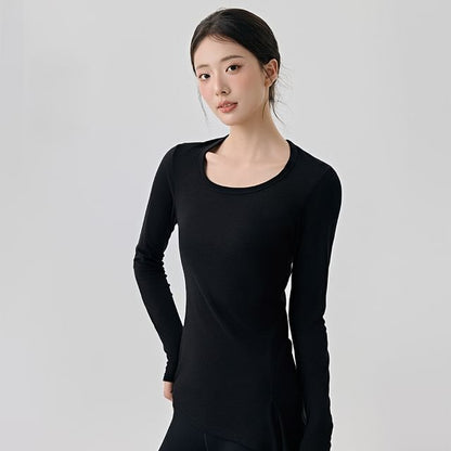 Plain Asymmetric Tie-Up Round Neck Long-Sleeved Tee
