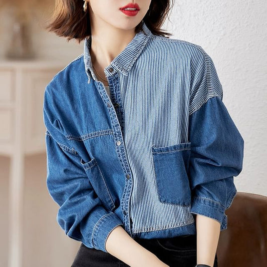 Striped Long-Sleeved Denim Shirt