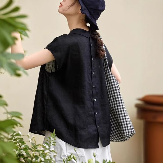 Plain Button-Back Short-Sleeved Shirt