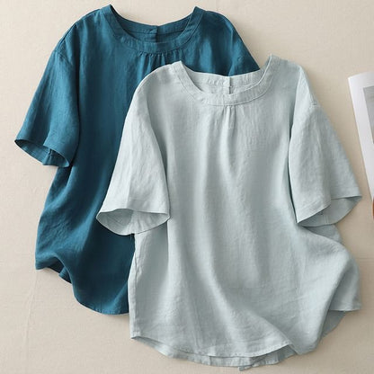 Crewneck Elbow-Sleeved Plain Blouse