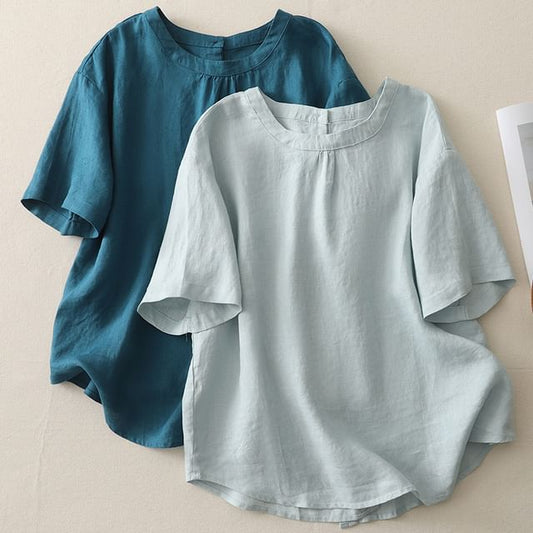 Crewneck Elbow-Sleeved Plain Blouse