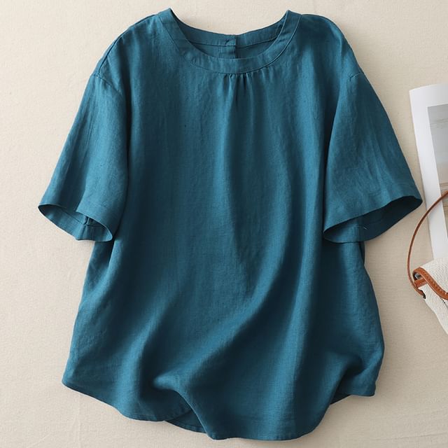Crewneck Elbow-Sleeved Plain Blouse