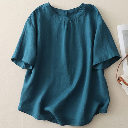 Crewneck Elbow-Sleeved Plain Blouse