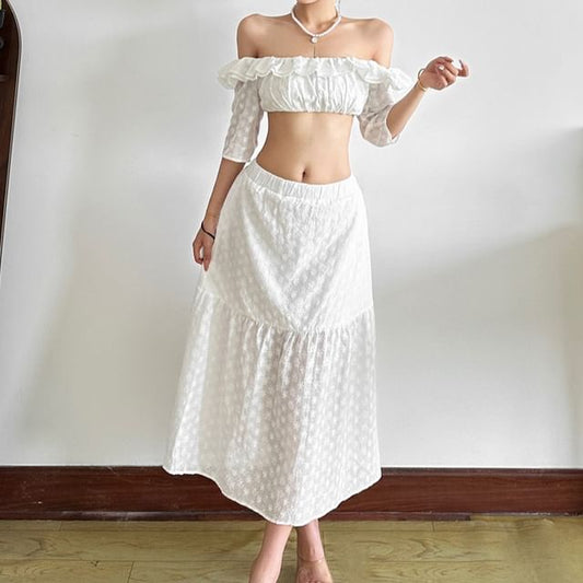 Off-Shoulder Long-Sleeved Crop Top + Maxi A-Line Skirt