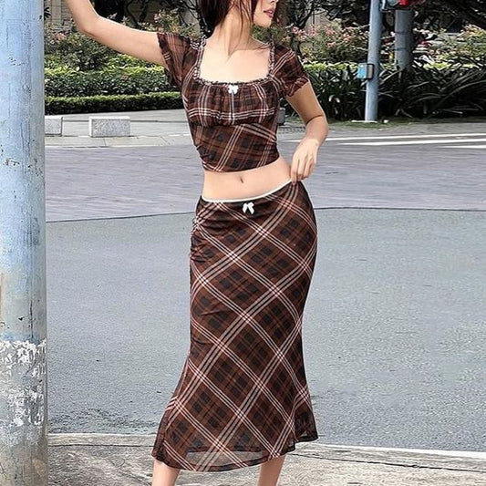Plaid Cropped Square-Neck Short-Sleeved Top + Midi Skirt