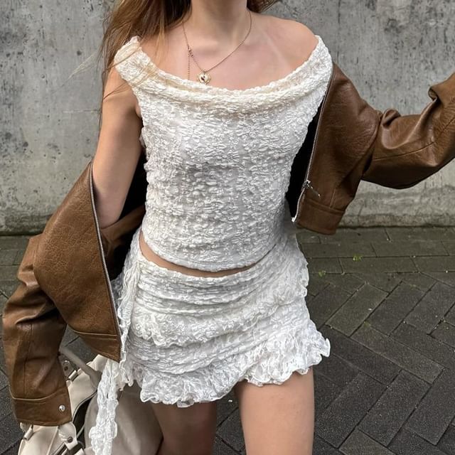 Off-Shoulder Lace Crop Top + Mini Skirt Set