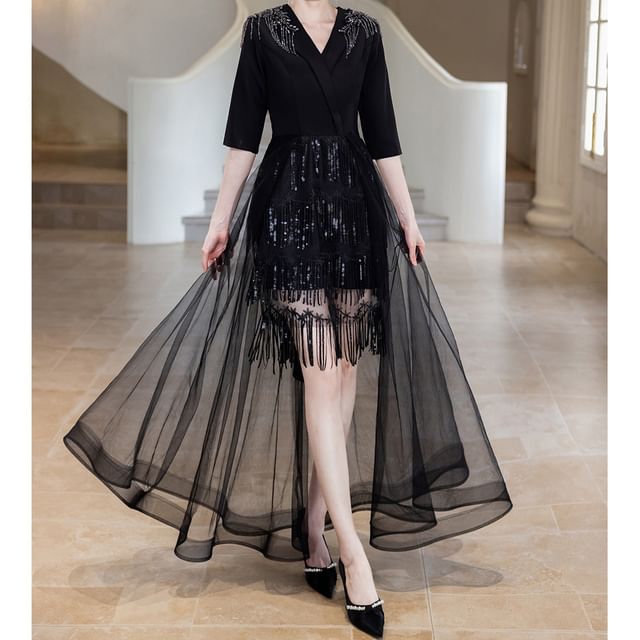 Rhinestone Gown Evening A-Line Elbow-Sleeve Glitter