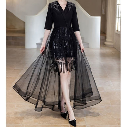 Rhinestone Gown Evening A-Line Elbow-Sleeve Glitter