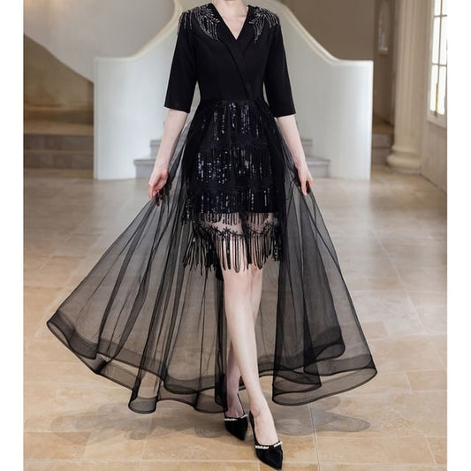 Rhinestone Gown Evening A-Line Elbow-Sleeve Glitter