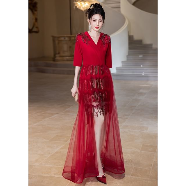 Rhinestone Gown Evening A-Line Elbow-Sleeve Glitter