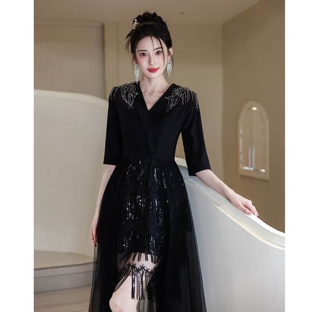 Rhinestone Gown Evening A-Line Elbow-Sleeve Glitter