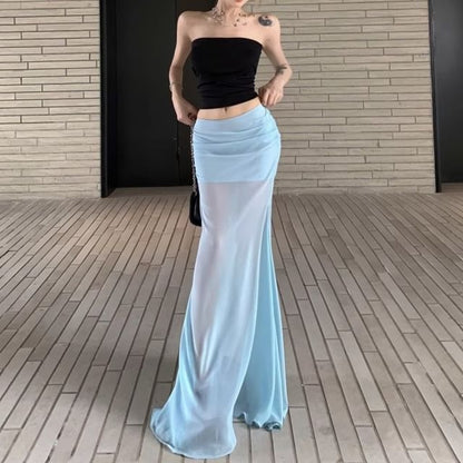 Set with Cropped Tube Top and Ruched Mesh Mermaid Maxi Skirt