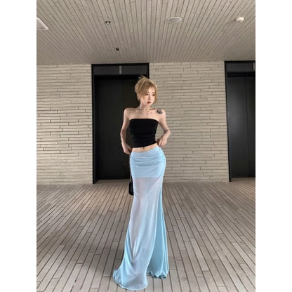 Set with Cropped Tube Top and Ruched Mesh Mermaid Maxi Skirt