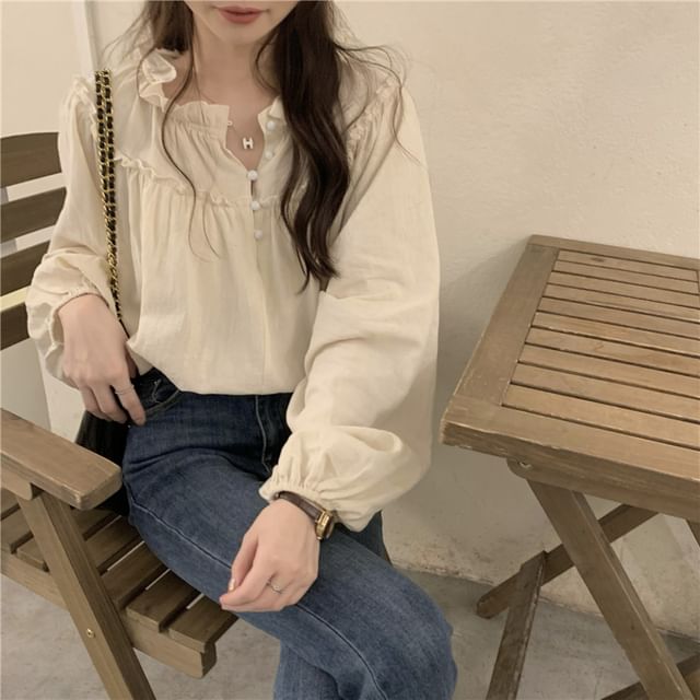 Plain Frill-Trim Long-Sleeved Blouse