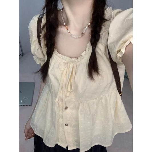 Plain Lace-Trim Scoop Neck Peplum Blouse
