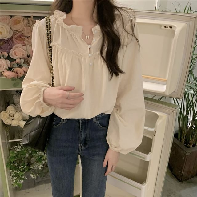 Plain Frill-Trim Long-Sleeved Blouse