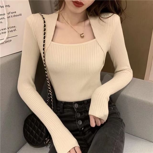 Ribbed Knit Square Neck Long-Sleeved Top
