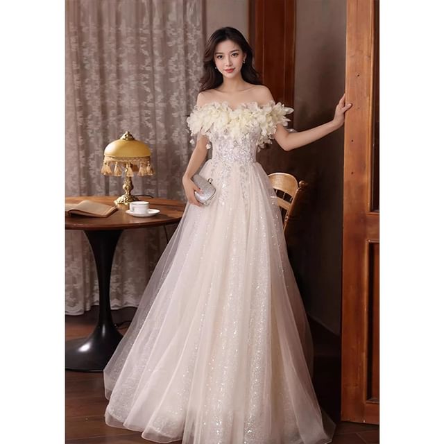 Off Shoulder Embellished A-Line Evening Gown Flower