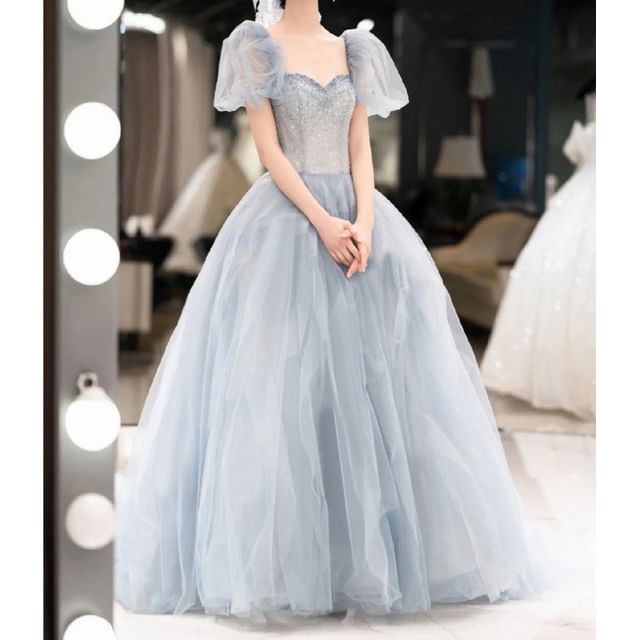 Puff Sleeve Sweetheart Neck A-Line Evening Gown