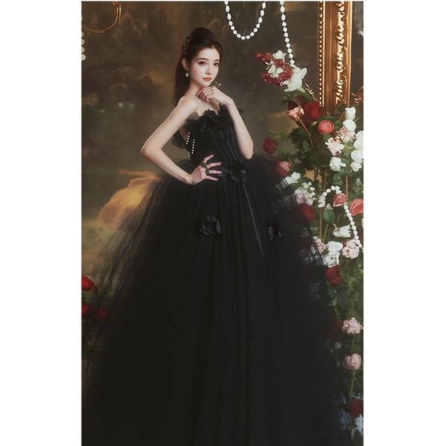 Strapless Plain Flower Detail A-Line Evening Gown