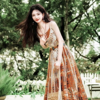 Spaghetti Strap Patterned Print Tiered Midi A-Line Dress / Plain Fringe Crochet Camisole Top / Cardigan / Belt / Set