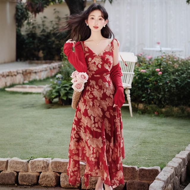 Sleeveless V-Neck Floral Print Asymmetrical Bow Maxi A-Line Wrap Dress / Plain Cardigan / Set