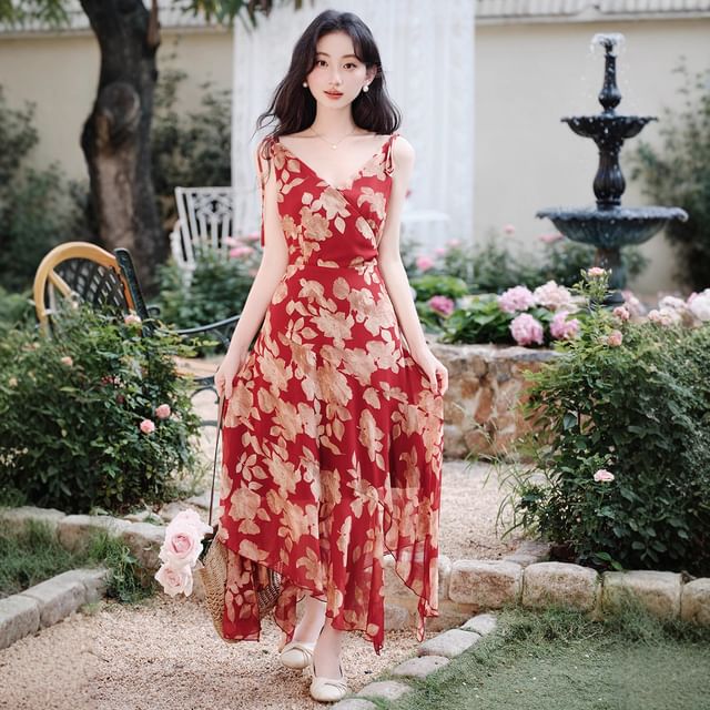 Sleeveless V-Neck Floral Print Asymmetrical Bow Maxi A-Line Wrap Dress / Plain Cardigan / Set