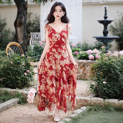 Sleeveless V-Neck Floral Print Asymmetrical Bow Maxi A-Line Wrap Dress / Plain Cardigan / Set