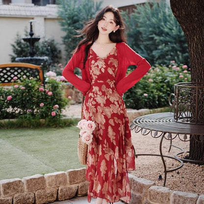 Sleeveless V-Neck Floral Print Asymmetrical Bow Maxi A-Line Wrap Dress / Plain Cardigan / Set