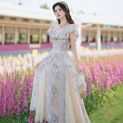 Flutter Sleeve Round Neck Floral Print Two-Way Panel Lace Maxi A-Line Dress / V-Neck Floral Patterned Ruffle Mesh Button Bolero / Set