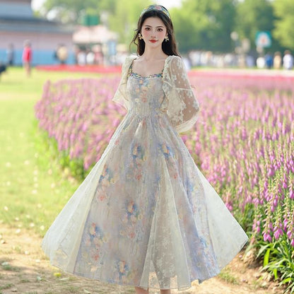 Flutter Sleeve Round Neck Floral Print Two-Way Panel Lace Maxi A-Line Dress / V-Neck Floral Patterned Ruffle Mesh Button Bolero / Set