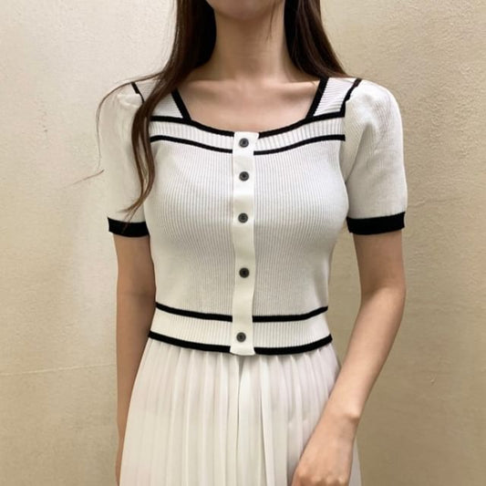 Square-Neck Contrast-Trim Button-Up Short-Sleeve Knit Top