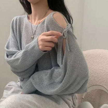 Round-Neck Cold-Shoulder Plain Long-Sleeve Sweater
