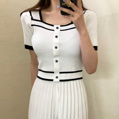 Square-Neck Contrast-Trim Button-Up Short-Sleeve Knit Top
