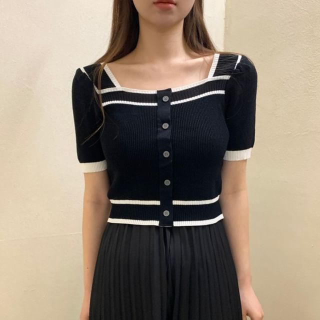 Square-Neck Contrast-Trim Button-Up Short-Sleeve Knit Top