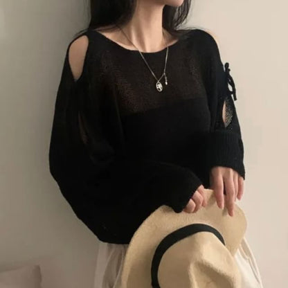 Round-Neck Cold-Shoulder Plain Long-Sleeve Sweater