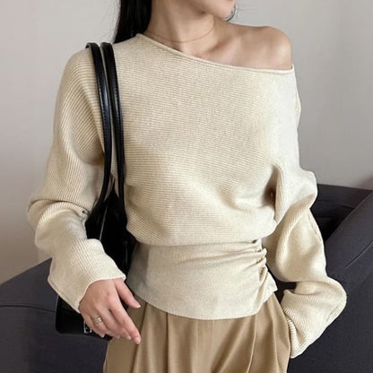 Off Shoulder Plain Ruched Knit Top with Long Sleeves and Textured Finish