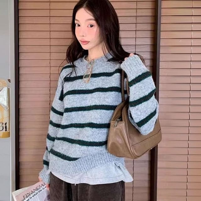 Striped Drop Shoulder Sweater with Round Crew Neckline and Relaxed Fit