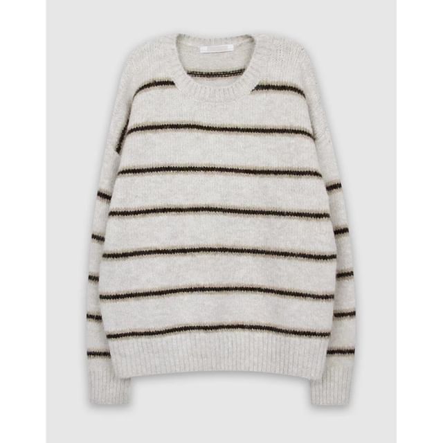 Striped Drop Shoulder Sweater with Round Crew Neckline and Relaxed Fit