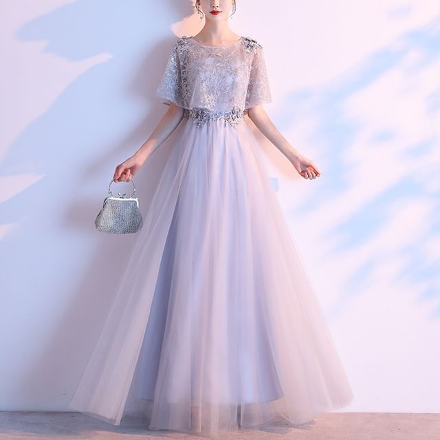 Designs) (Various Lace Panel Gown A-Line Evening Short-Sleeve