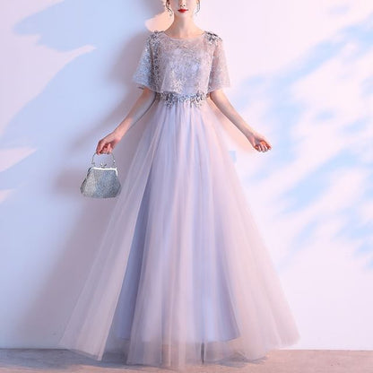 Designs) (Various Lace Panel Gown A-Line Evening Short-Sleeve