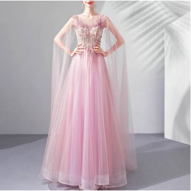 Embroidered A-Line Cape-Sleeve Gown Mesh Evening Floral