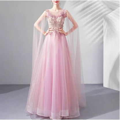 Embroidered A-Line Cape-Sleeve Gown Mesh Evening Floral