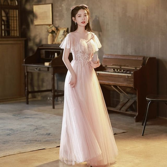 Mesh Gown Sequined Designs) A-Line (Various Ruffle Evening Short-Sleeve